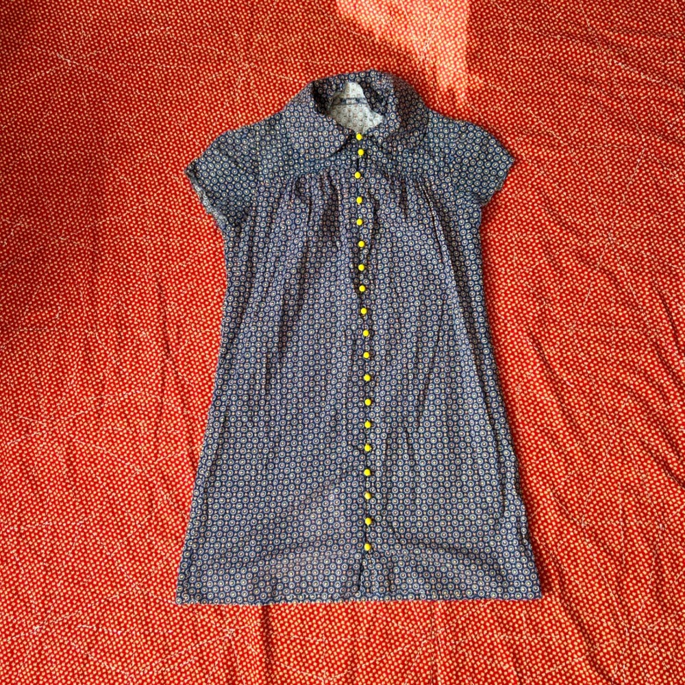 Vintage 1970s Blue Floral mod style Mini Dress Yellow Buttons